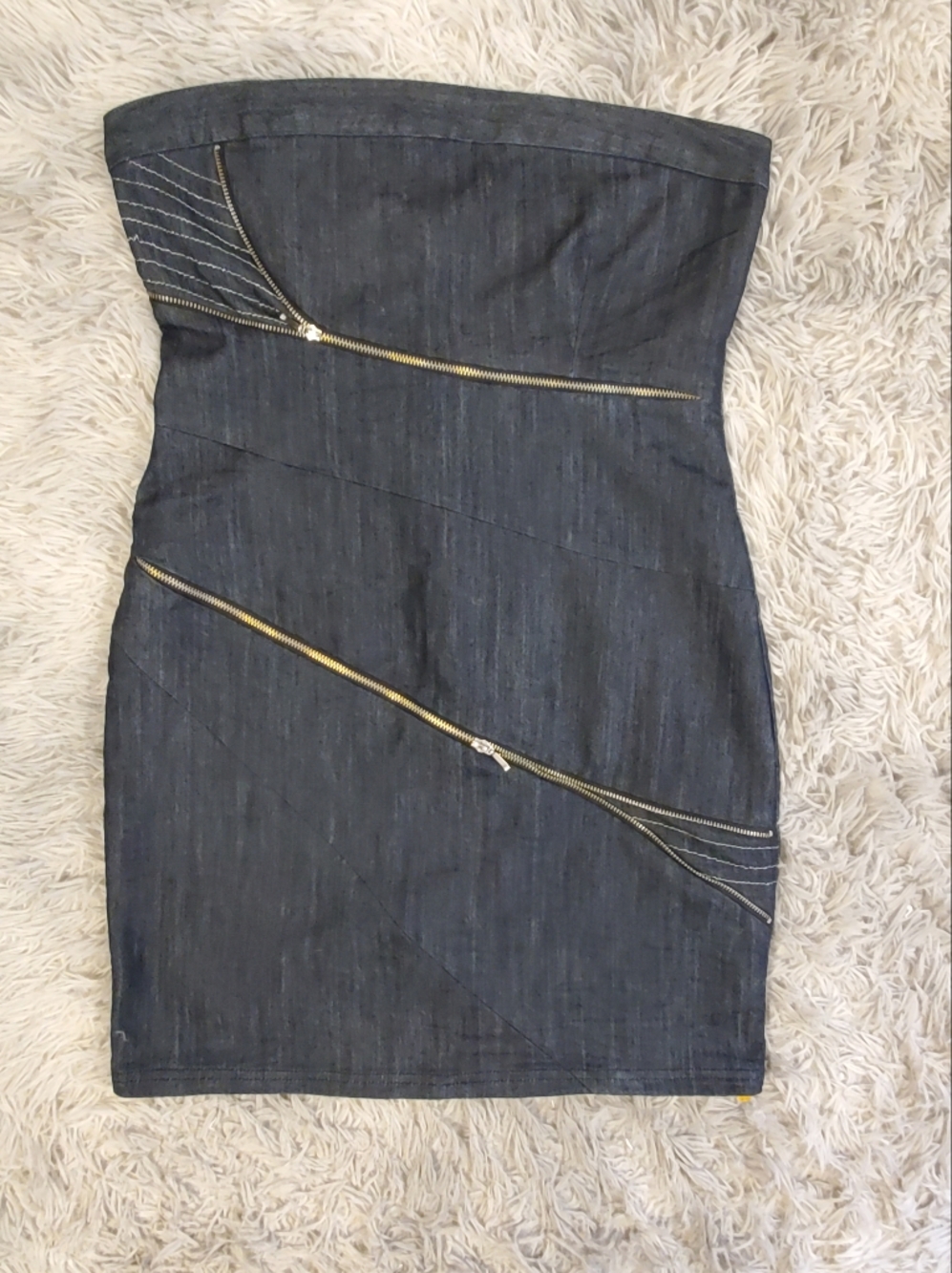 Vintage Y2K Boom Boom Jeans Strapless Dark Denim Dress with Gold Zippers